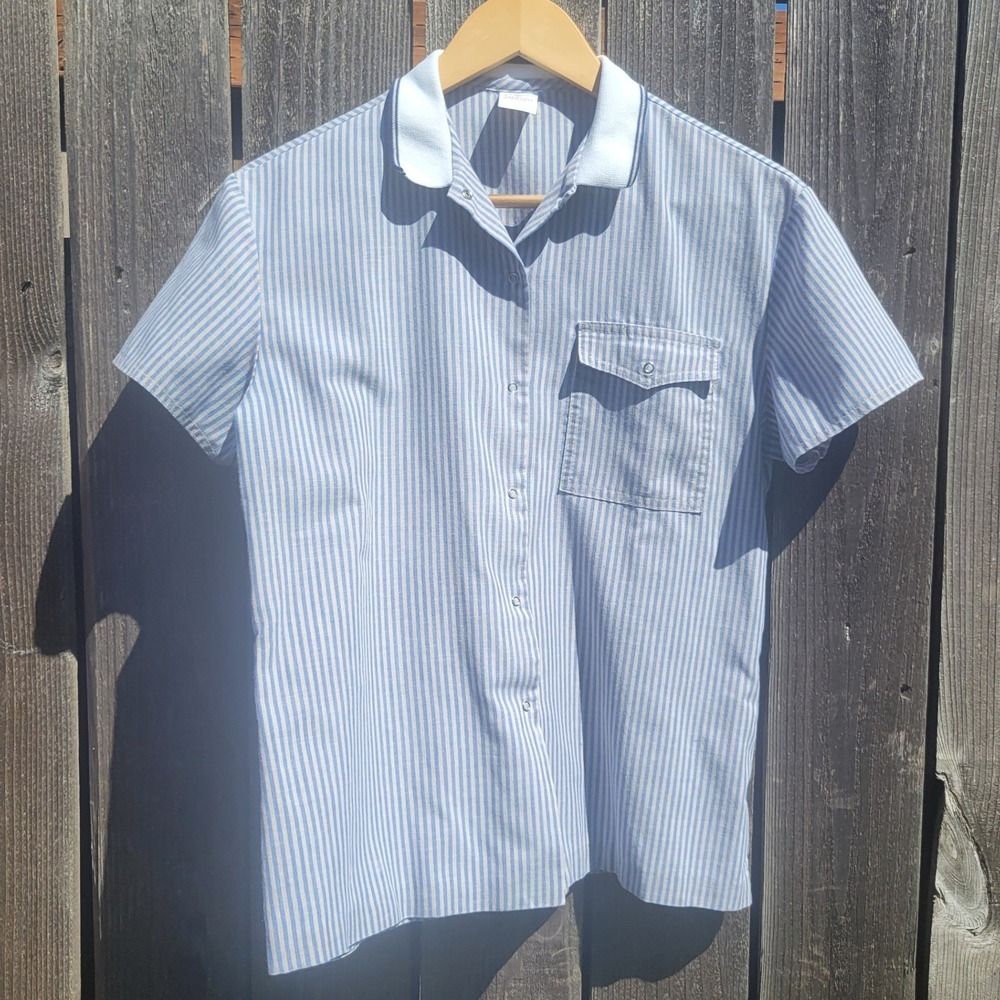 70s Vintage Jantzen Blue White Striped Snap Front Short Sleeve Shirt Made in USA